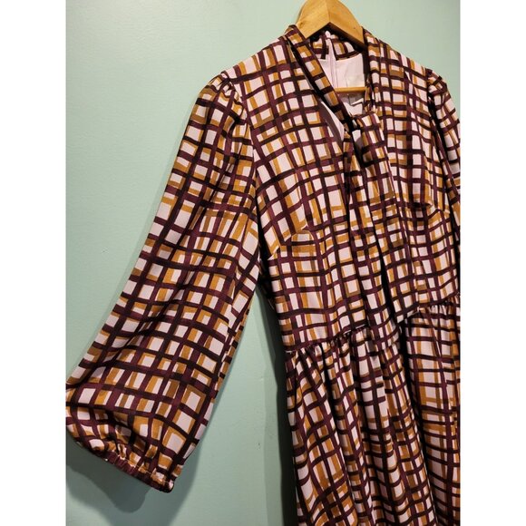 Gal Meets Glam Lindsey Windowpane Tie Neck Dress Purple Tan Sz 6 Office - Picture 5 of 9